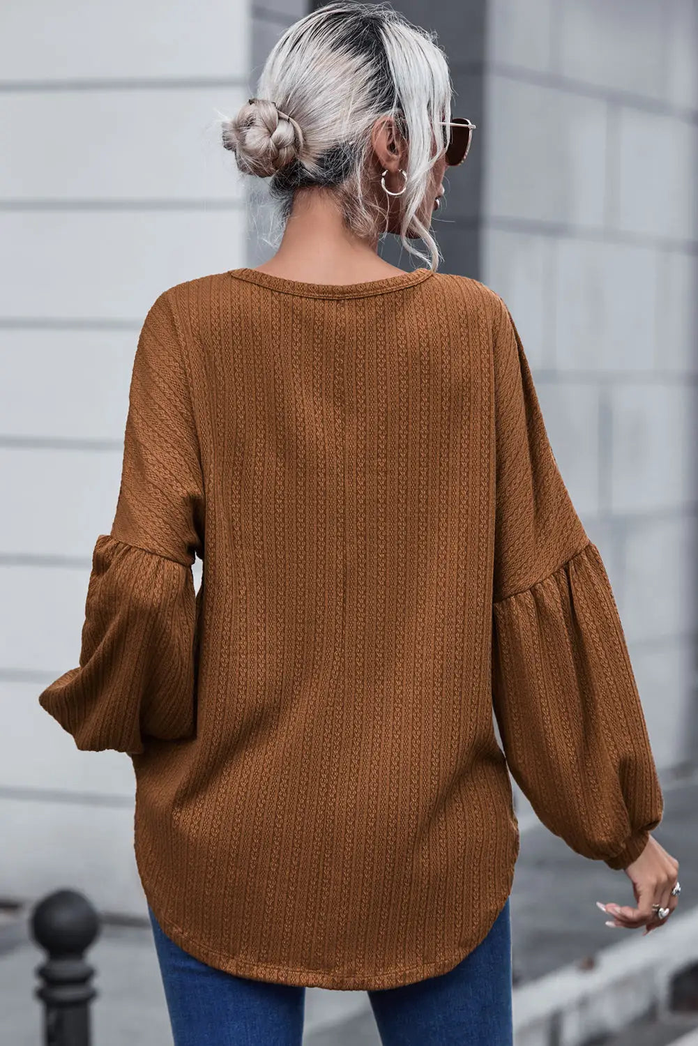 Faux Knit Jacquard Puffy Long Sleeve Top-6