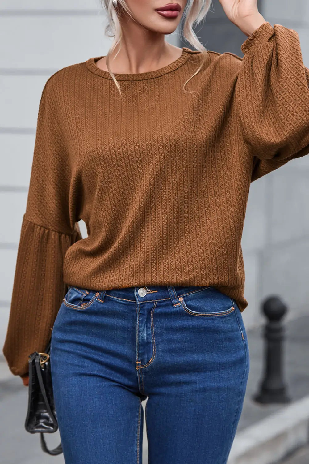 Faux Knit Jacquard Puffy Long Sleeve Top-5
