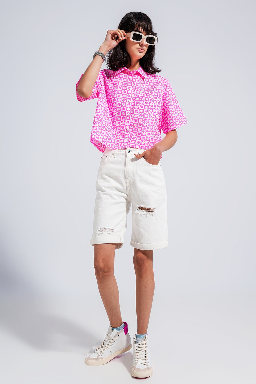 90s Cropped Button Through Pink Shirt-3