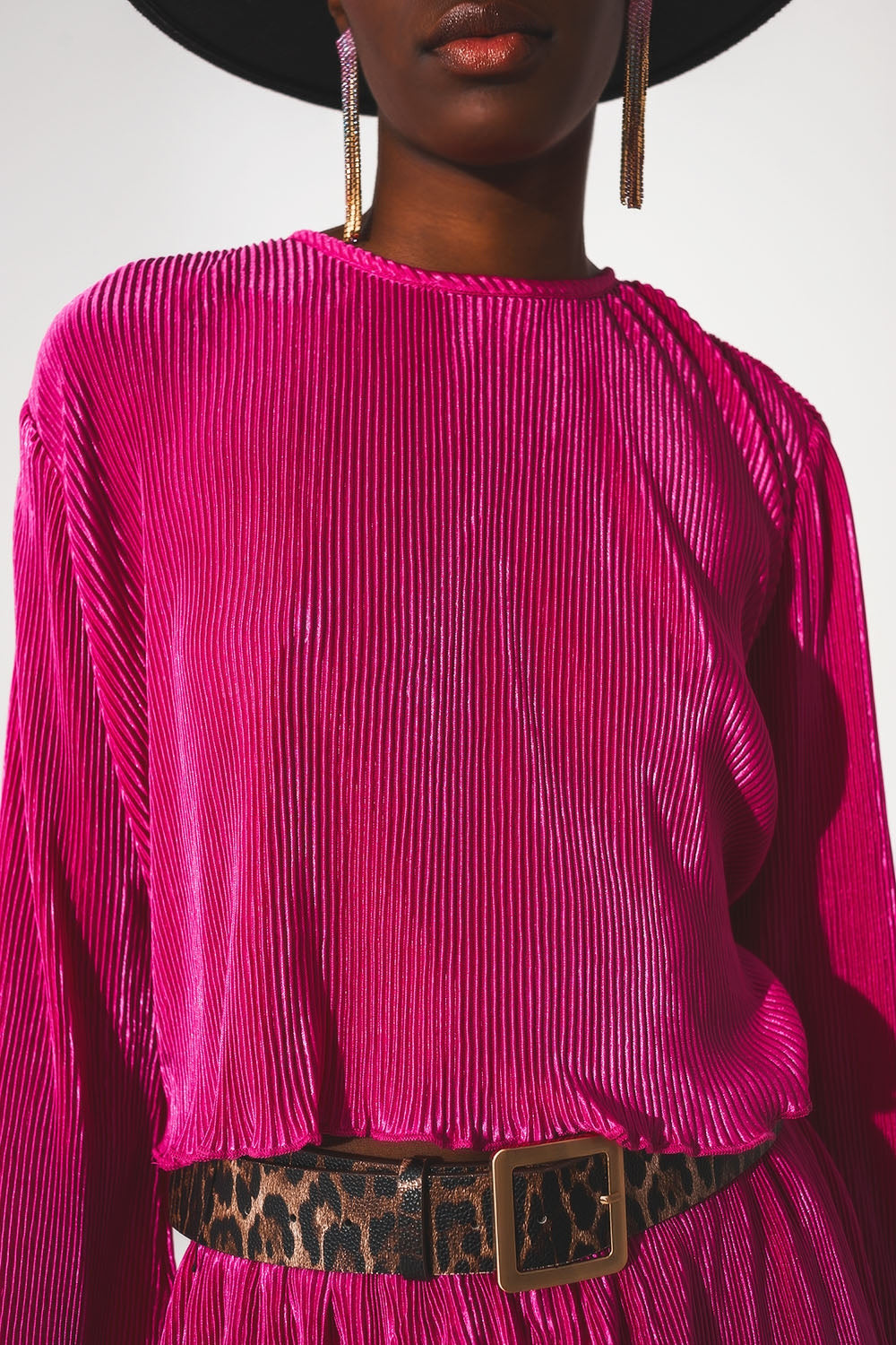 Pleated Round Neck Crop Top in Fuchsia-4