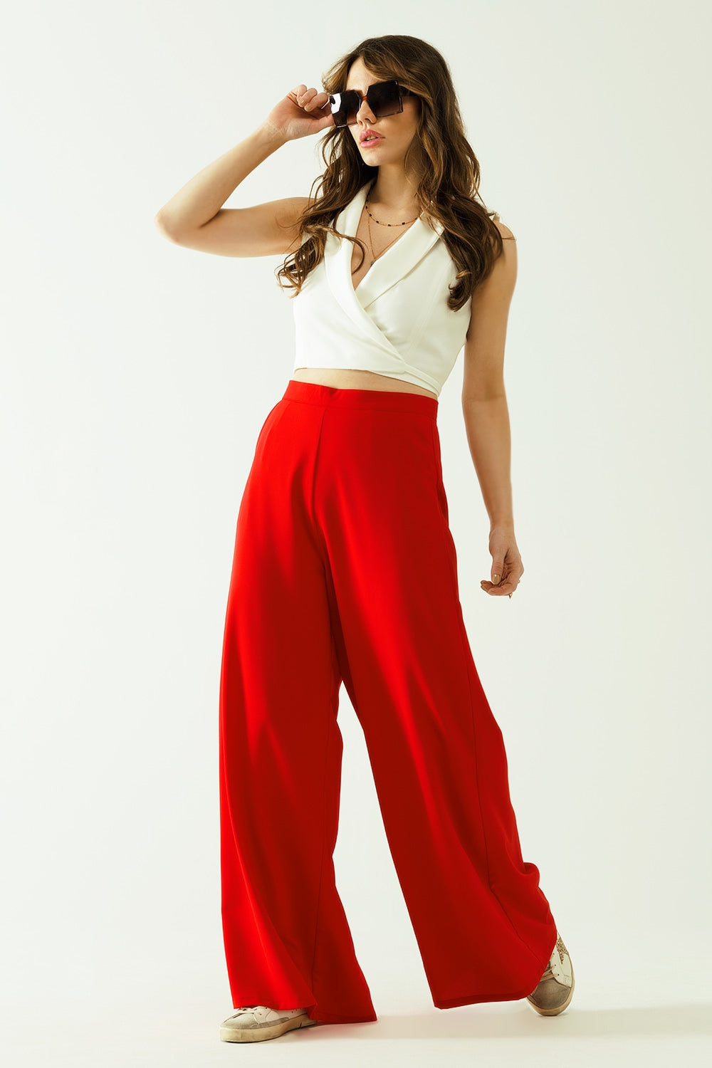 Red Wide Leg Basic Flared Pants-2