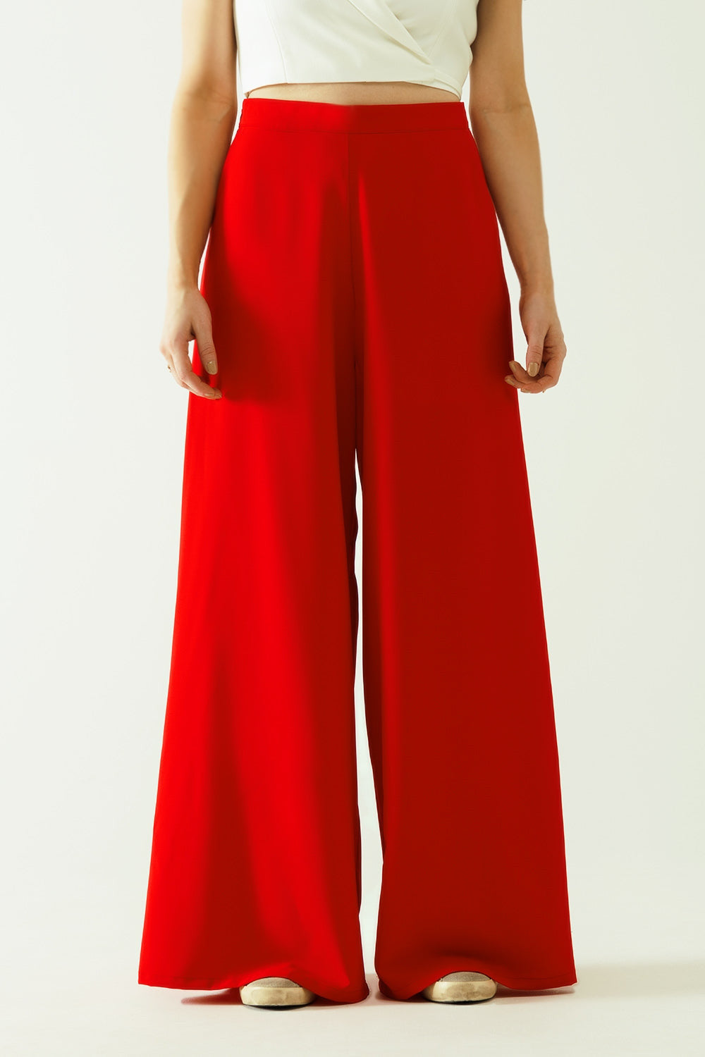 Red Wide Leg Basic Flared Pants-0