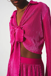 Thumbnail for Tie Front Pleated Crop Top  in Fuchsia-1