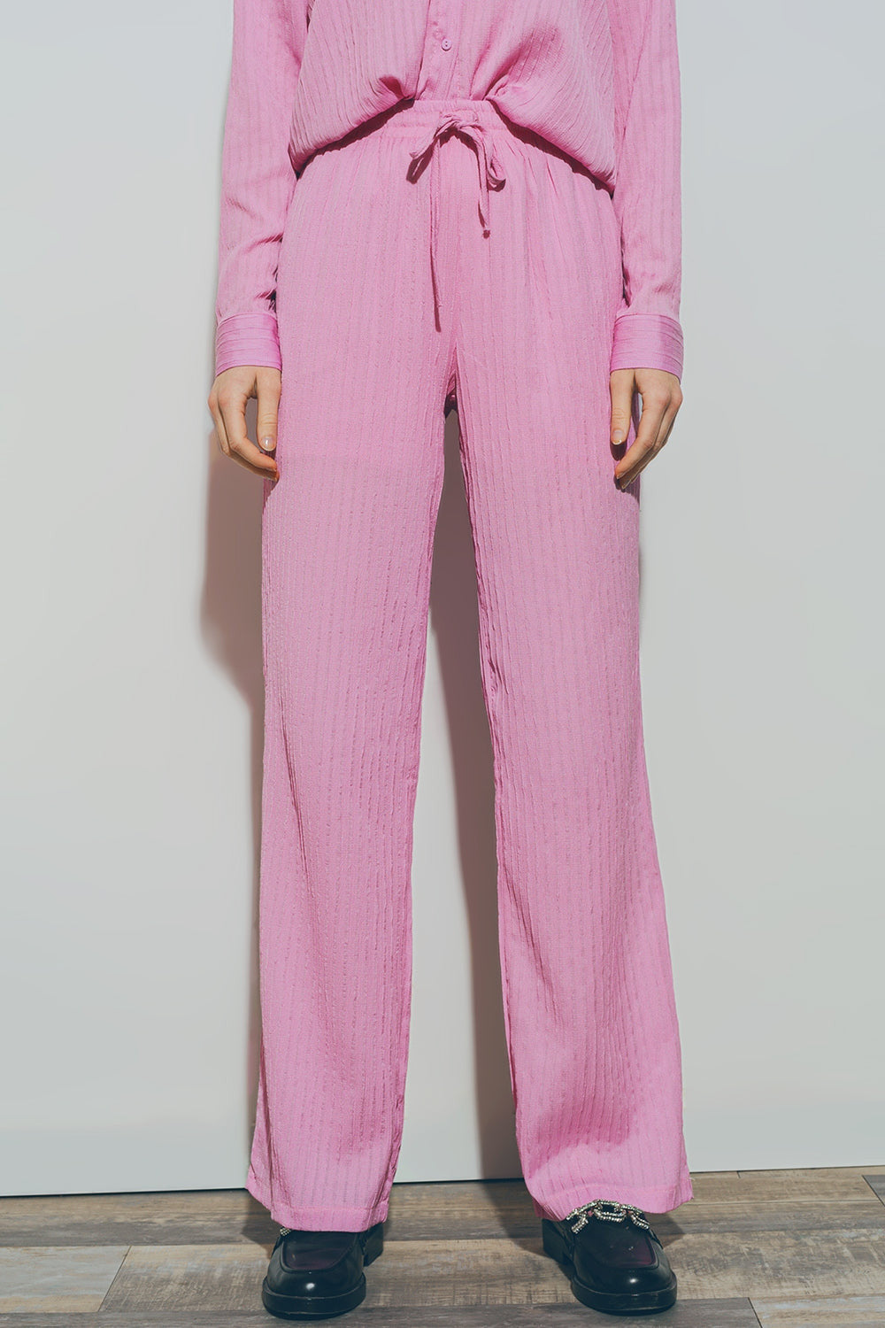 Textured Wide Leg Pants in Pink-0