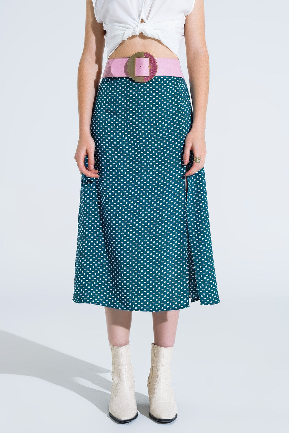 Maxi Skirt in Green With Flower Print and Side Slit-4