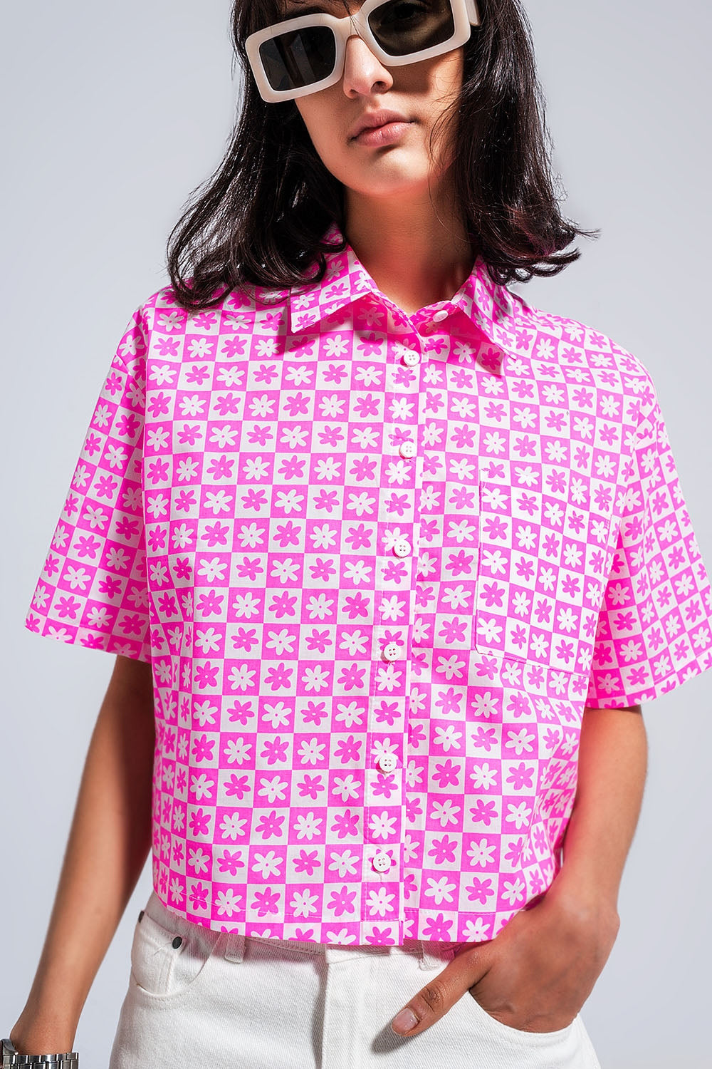 90s Cropped Button Through Pink Shirt-1