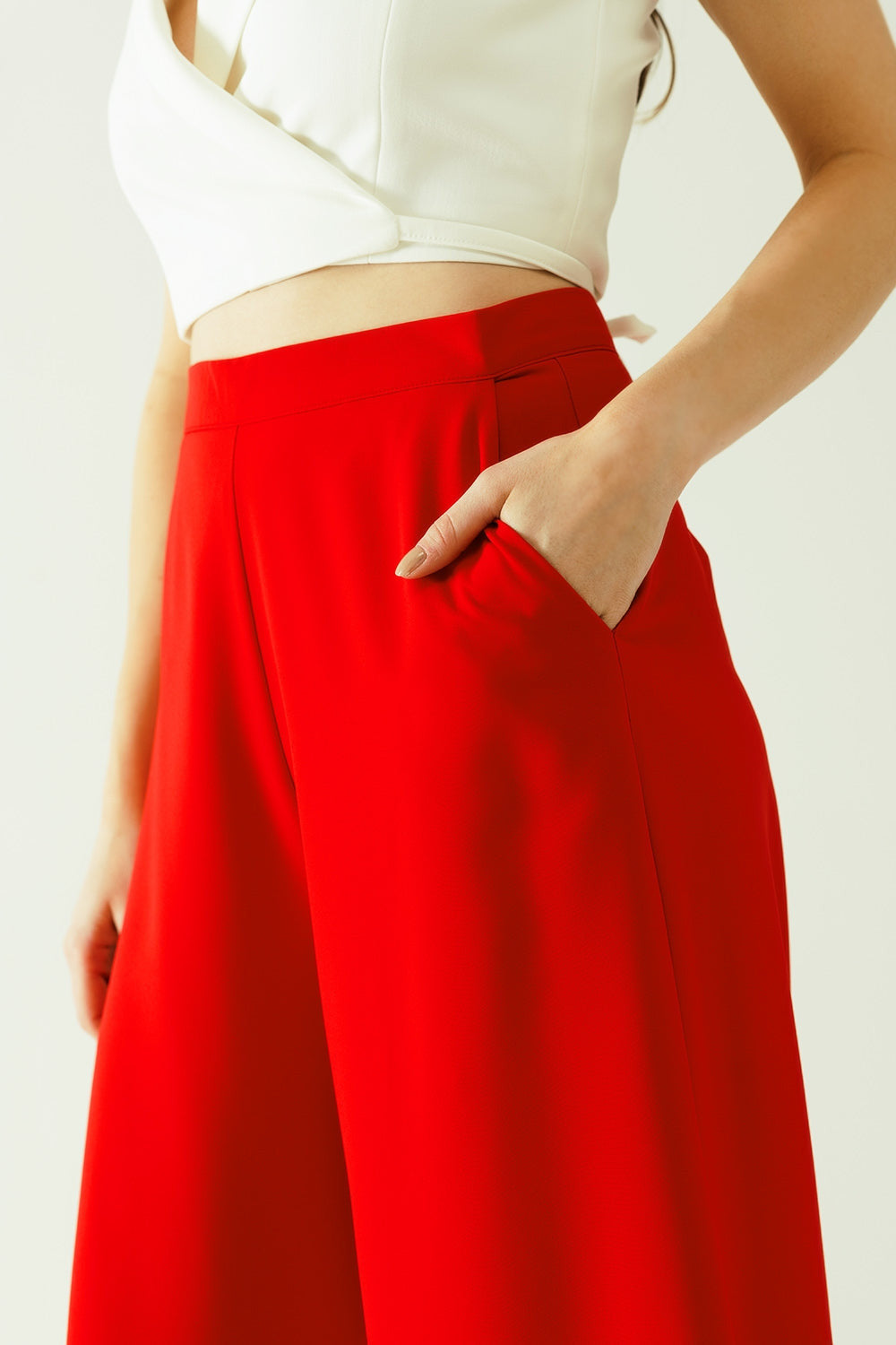 Red Wide Leg Basic Flared Pants-4