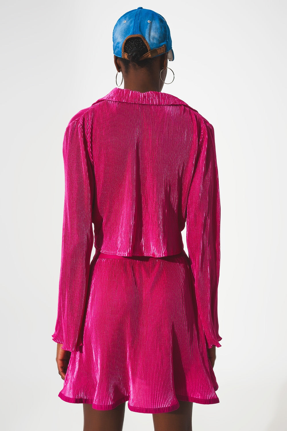 Tie Front Pleated Crop Top  in Fuchsia-3