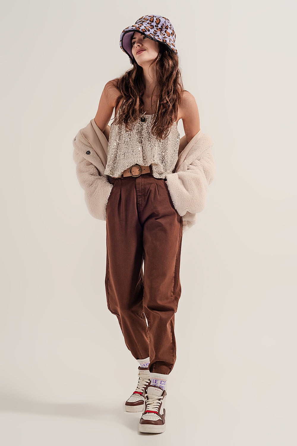 High Rise Mom Jeans With Pleat Front in Brown-1