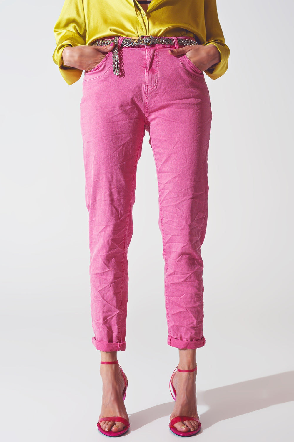 Pink Wrinkled Skinny Jeans-3