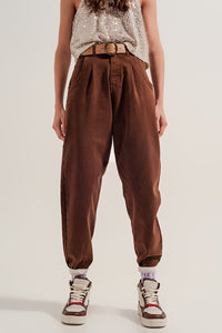 Thumbnail for High Rise Mom Jeans With Pleat Front in Brown-0