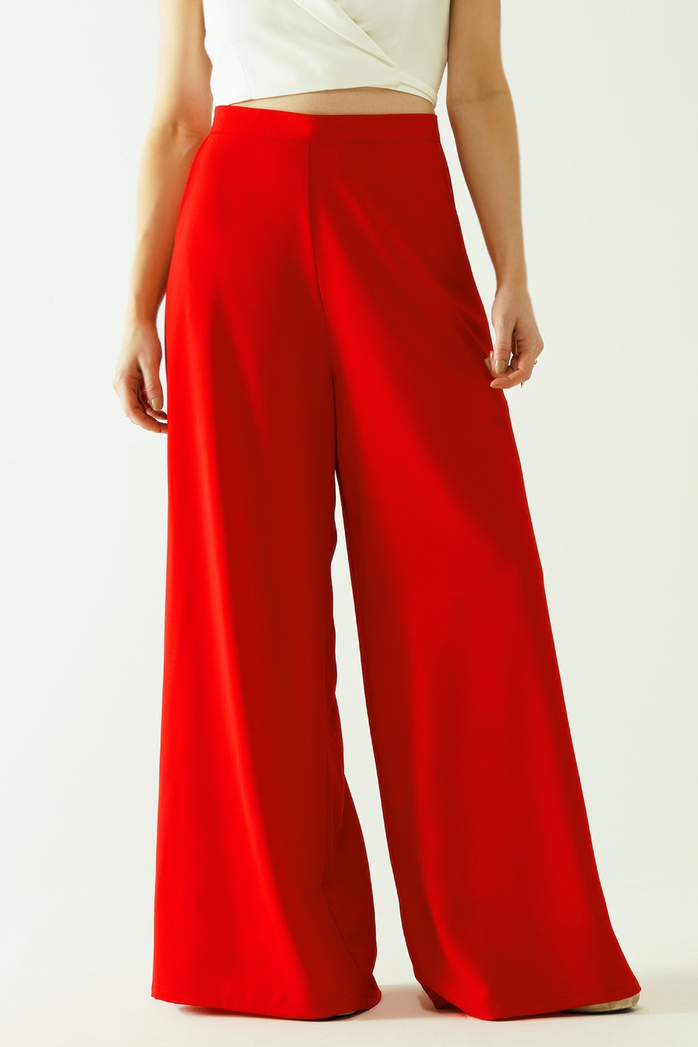 Red Wide Leg Basic Flared Pants-3