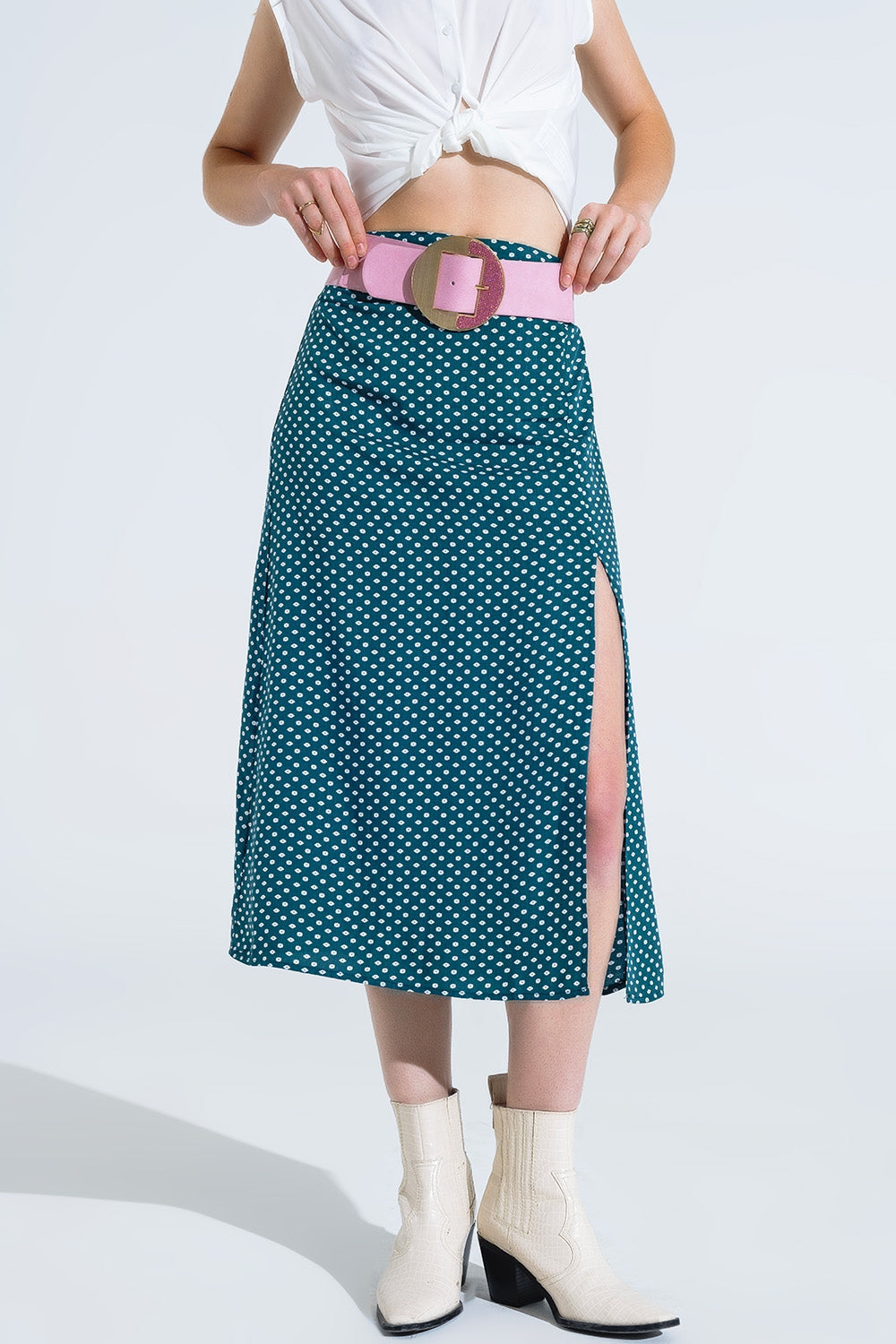 Maxi Skirt in Green With Flower Print and Side Slit-0