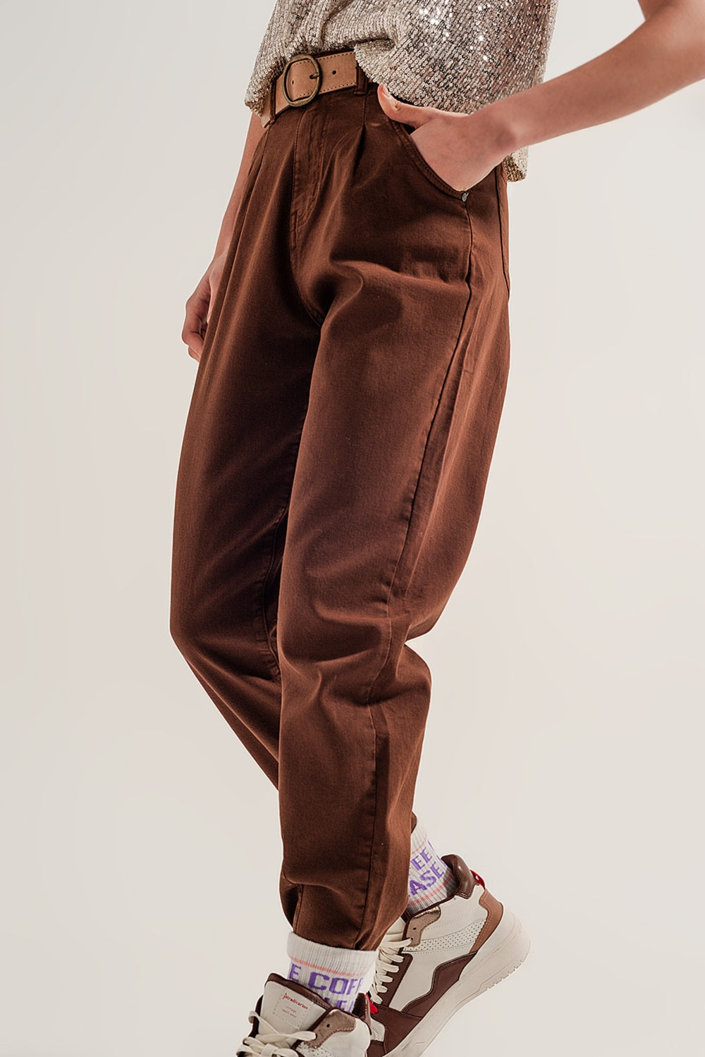 High Rise Mom Jeans With Pleat Front in Brown-2