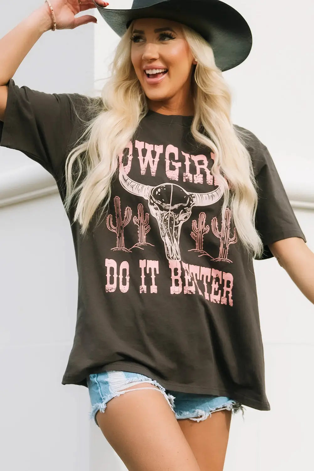 Gray COWGIRLS DO IT BETTER Graphic Print Oversized T Shirt-0
