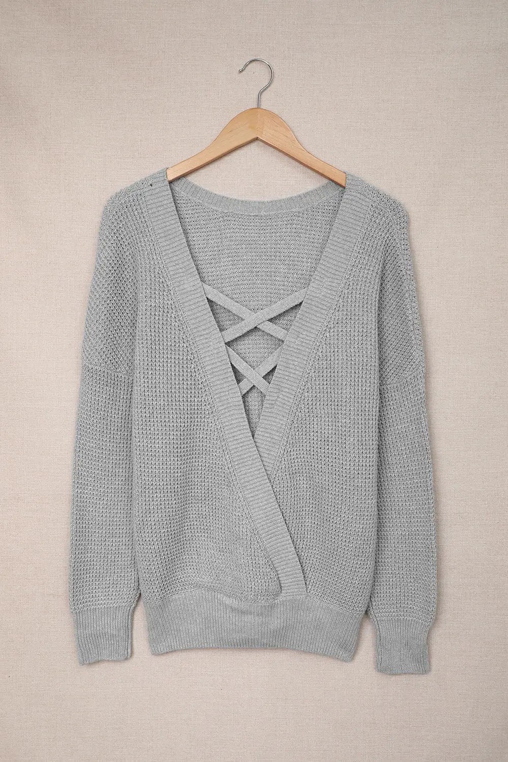 Gray Cross Back Hollow-out Sweater-5