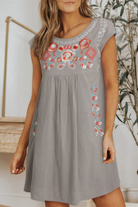 Thumbnail for Gray Embroidered Striped Print Sleeveless Mini Dress-2