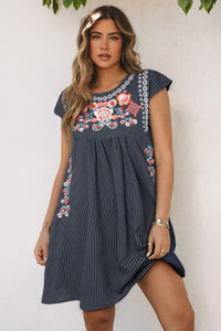 Thumbnail for Gray Embroidered Striped Print Sleeveless Mini Dress-14