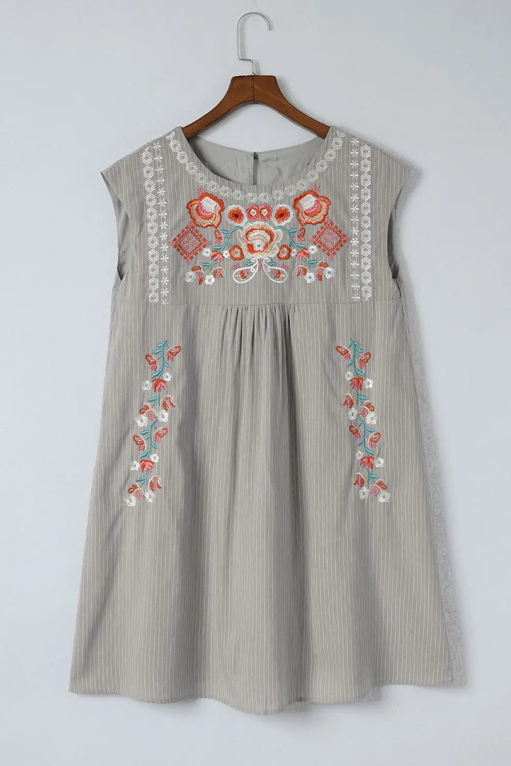 Gray Embroidered Striped Print Sleeveless Mini Dress-5