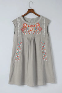 Thumbnail for Gray Embroidered Striped Print Sleeveless Mini Dress-5