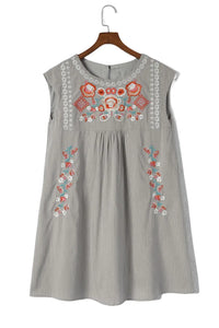 Thumbnail for Gray Embroidered Striped Print Sleeveless Mini Dress-11