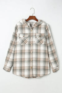 Thumbnail for Gray Plaid Pattern Sherpa Lined Hooded Shacket-3