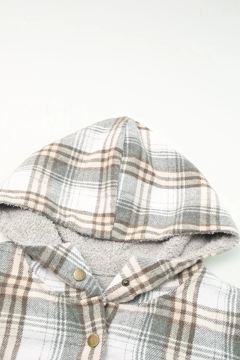 Gray Plaid Pattern Sherpa Lined Hooded Shacket-10