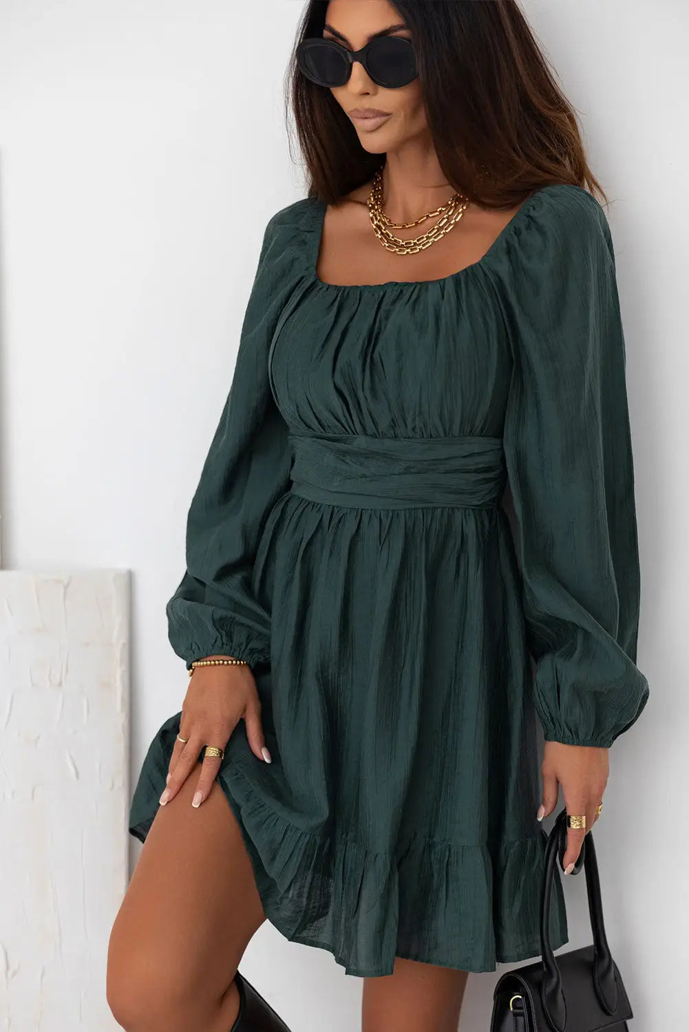 Green Ruched Square Neck Puff Sleeve Mini Dress-2