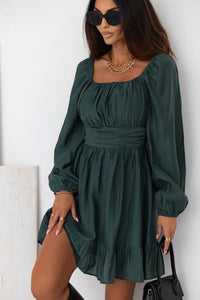 Thumbnail for Green Ruched Square Neck Puff Sleeve Mini Dress-2