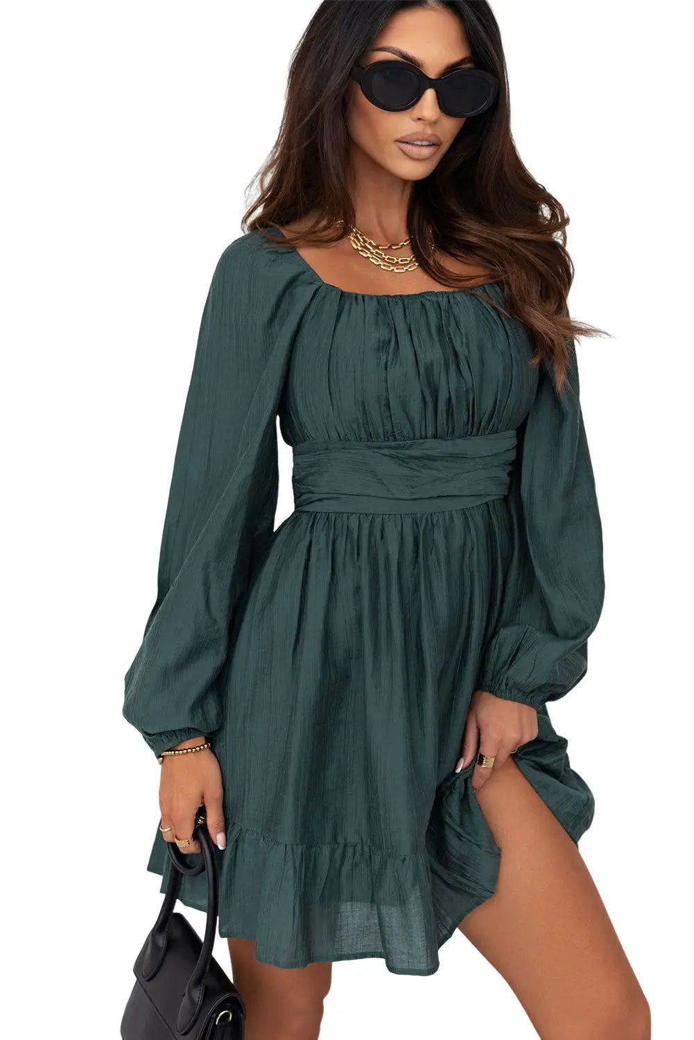 Green Ruched Square Neck Puff Sleeve Mini Dress-5