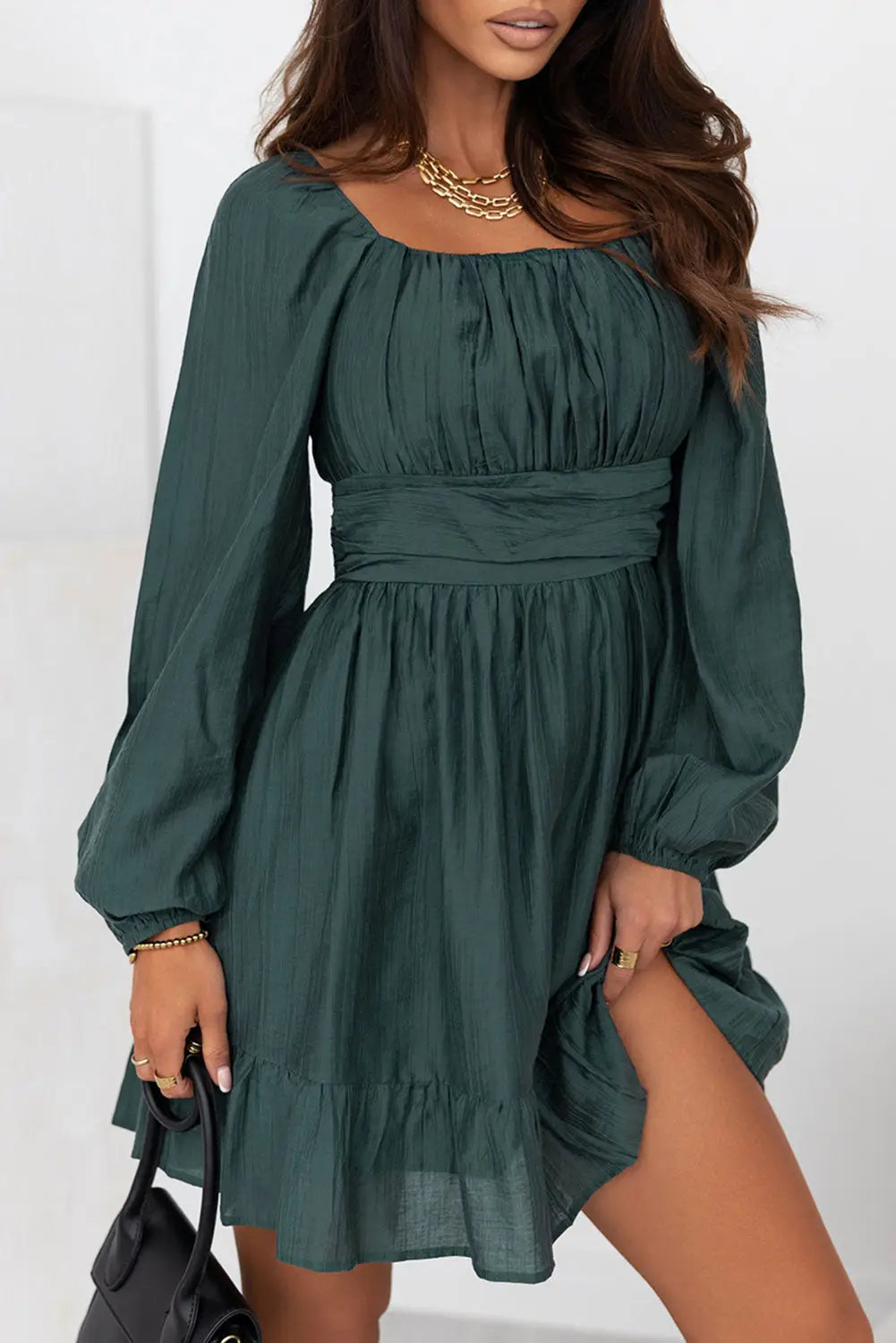Green Ruched Square Neck Puff Sleeve Mini Dress-4