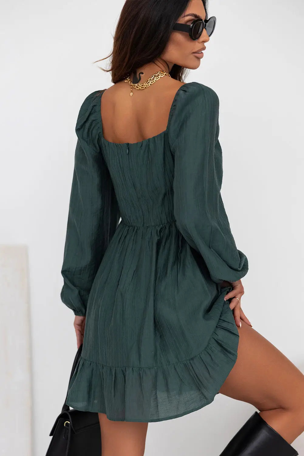 Green Ruched Square Neck Puff Sleeve Mini Dress-1