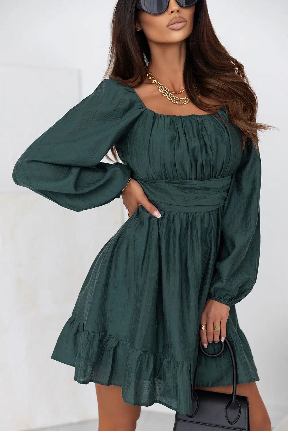 Green Ruched Square Neck Puff Sleeve Mini Dress-3