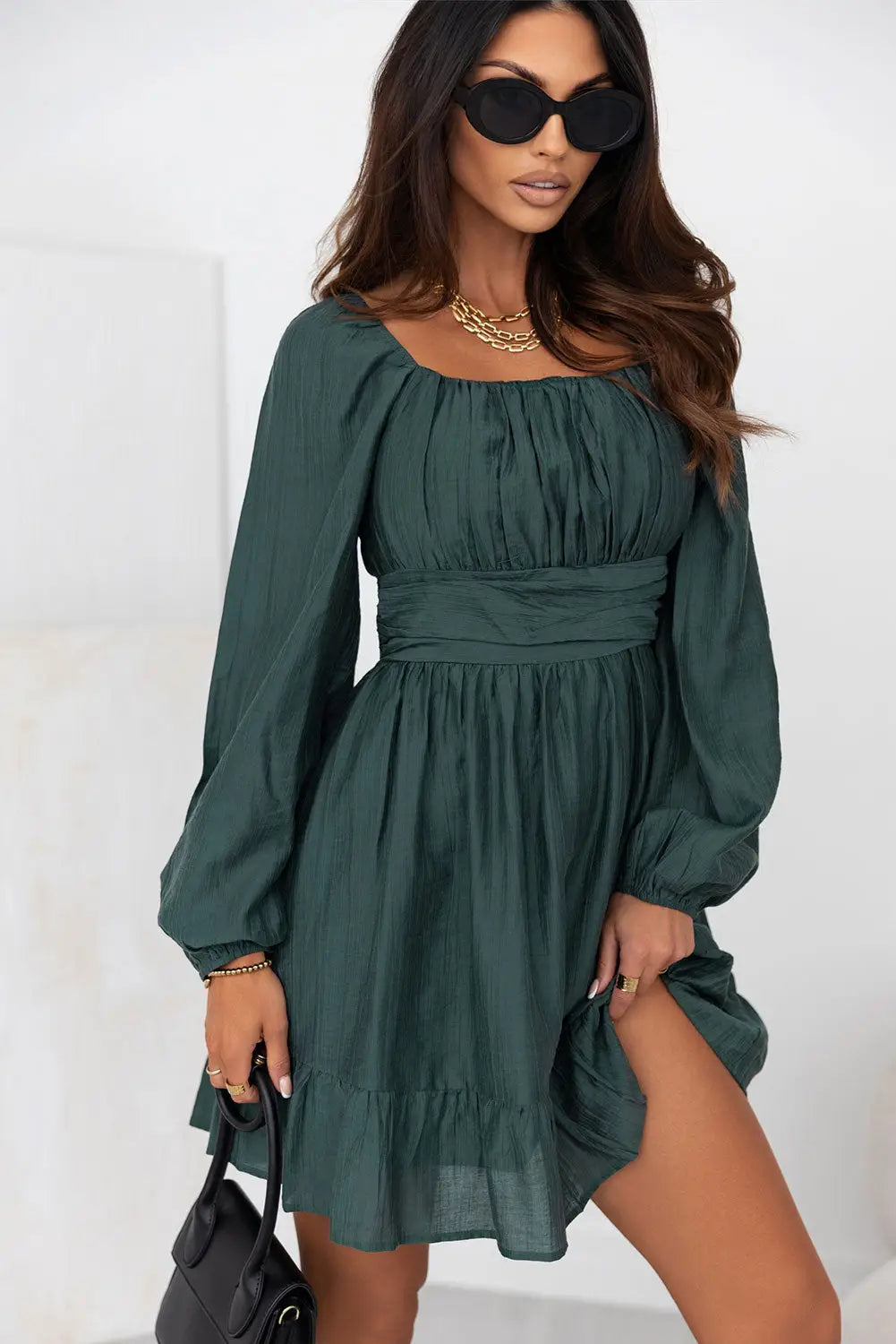 Green Ruched Square Neck Puff Sleeve Mini Dress-0