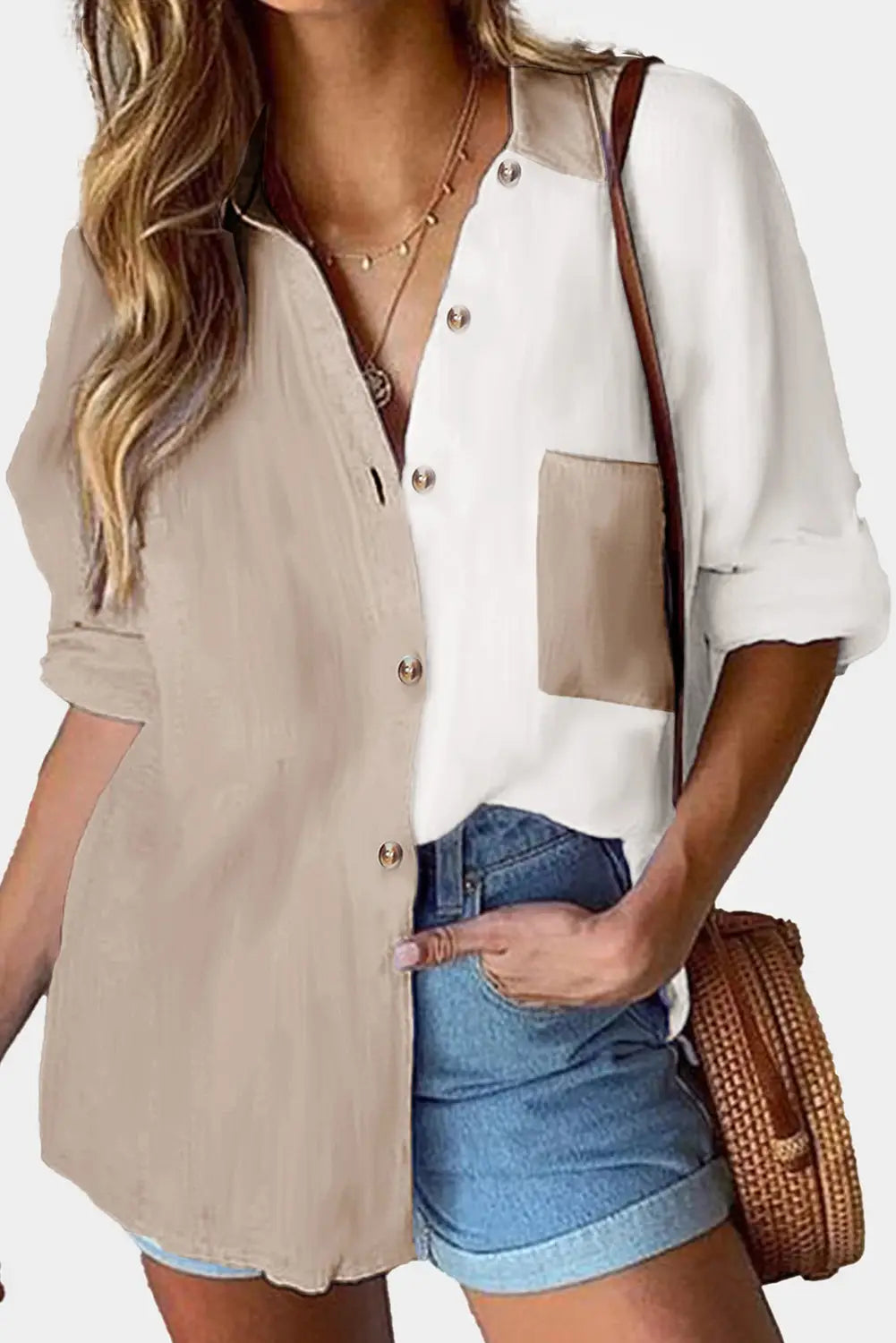 Khaki Colorblock Buttons Shirt-Collar Long Sleeve Pocket Blouse-0