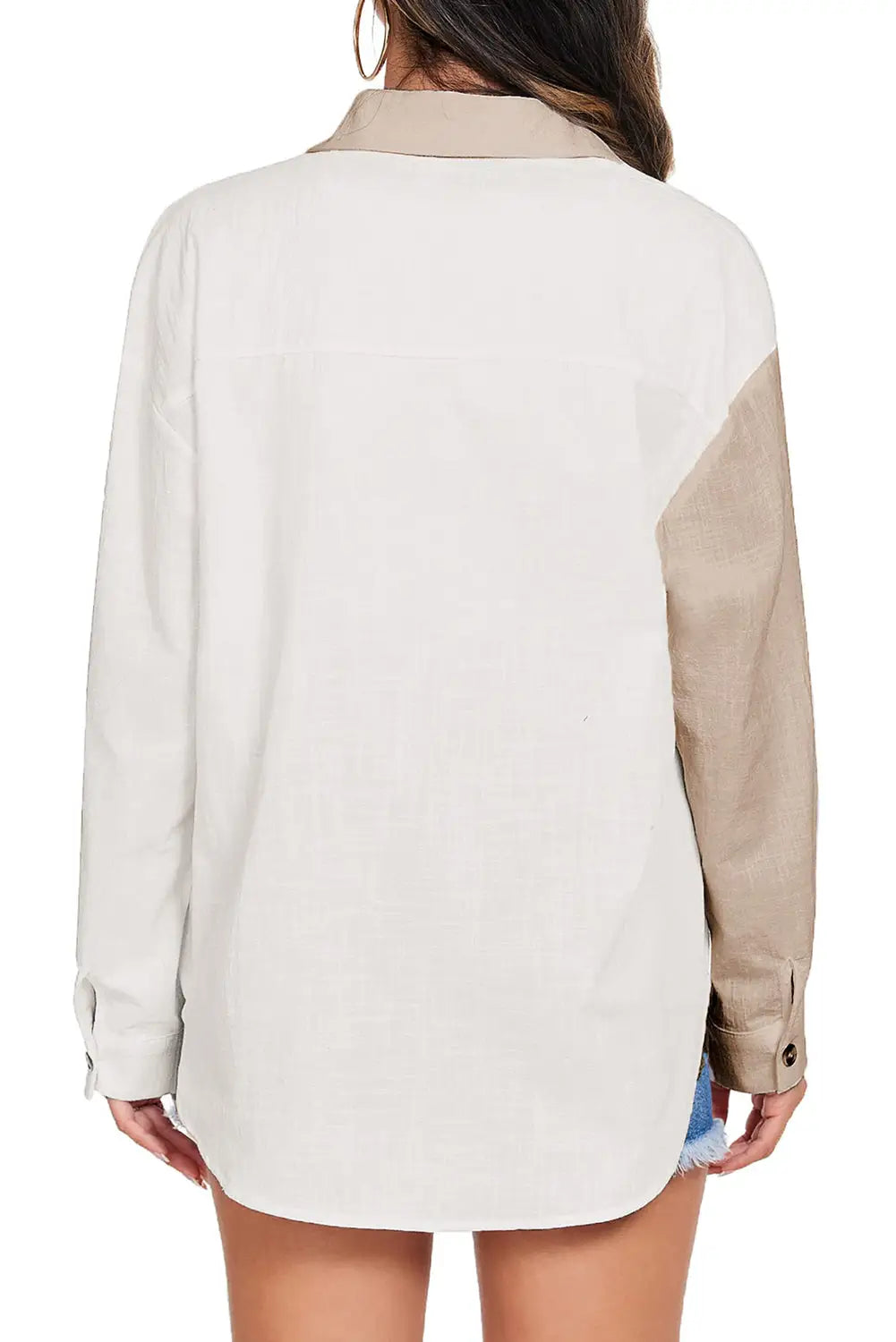 Khaki Colorblock Buttons Shirt-Collar Long Sleeve Pocket Blouse-1
