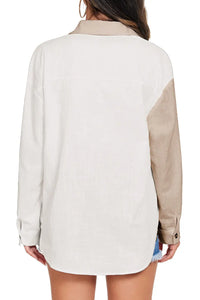 Thumbnail for Khaki Colorblock Buttons Shirt-Collar Long Sleeve Pocket Blouse-1