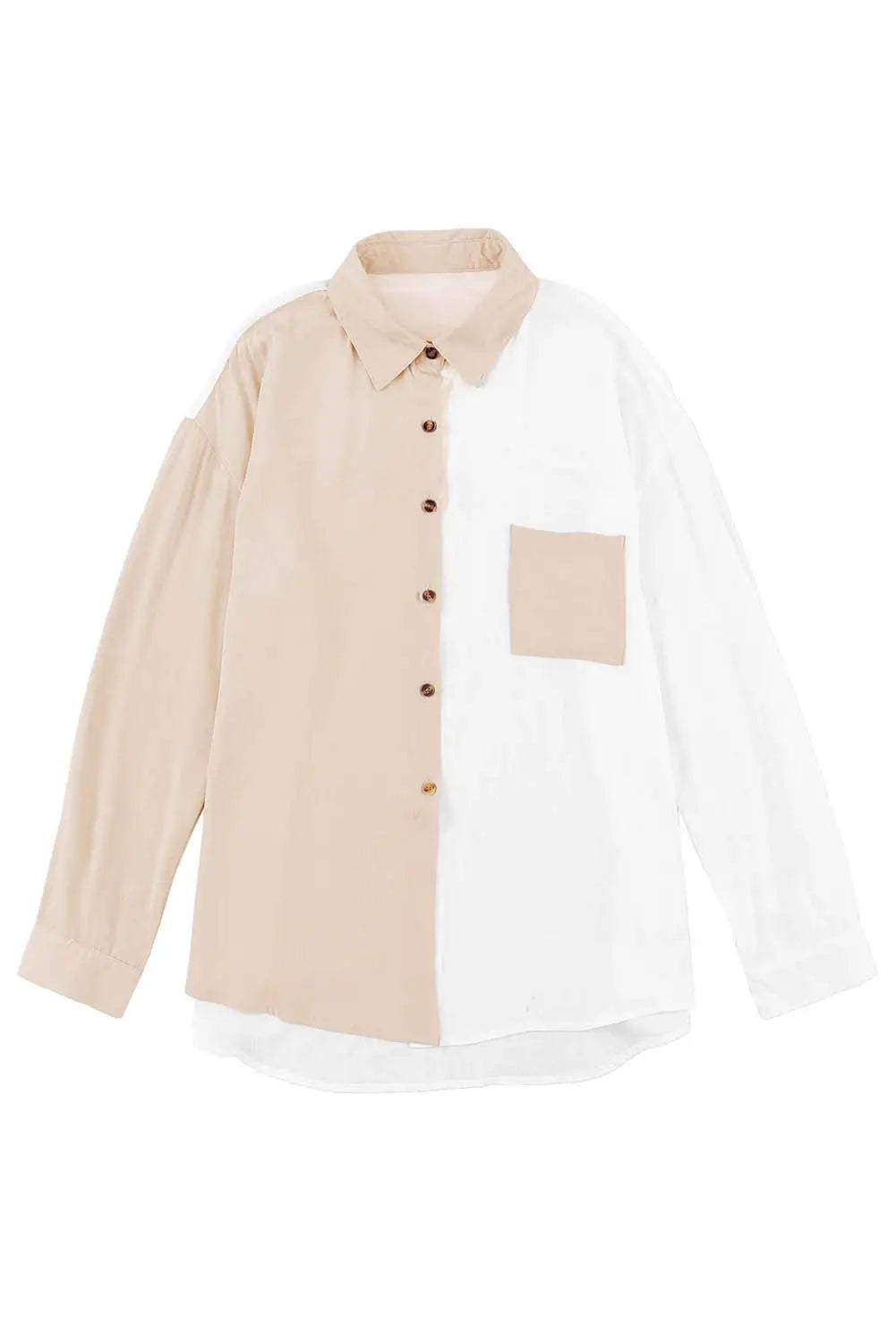 Khaki Colorblock Buttons Shirt-Collar Long Sleeve Pocket Blouse-11
