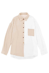 Thumbnail for Khaki Colorblock Buttons Shirt-Collar Long Sleeve Pocket Blouse-11