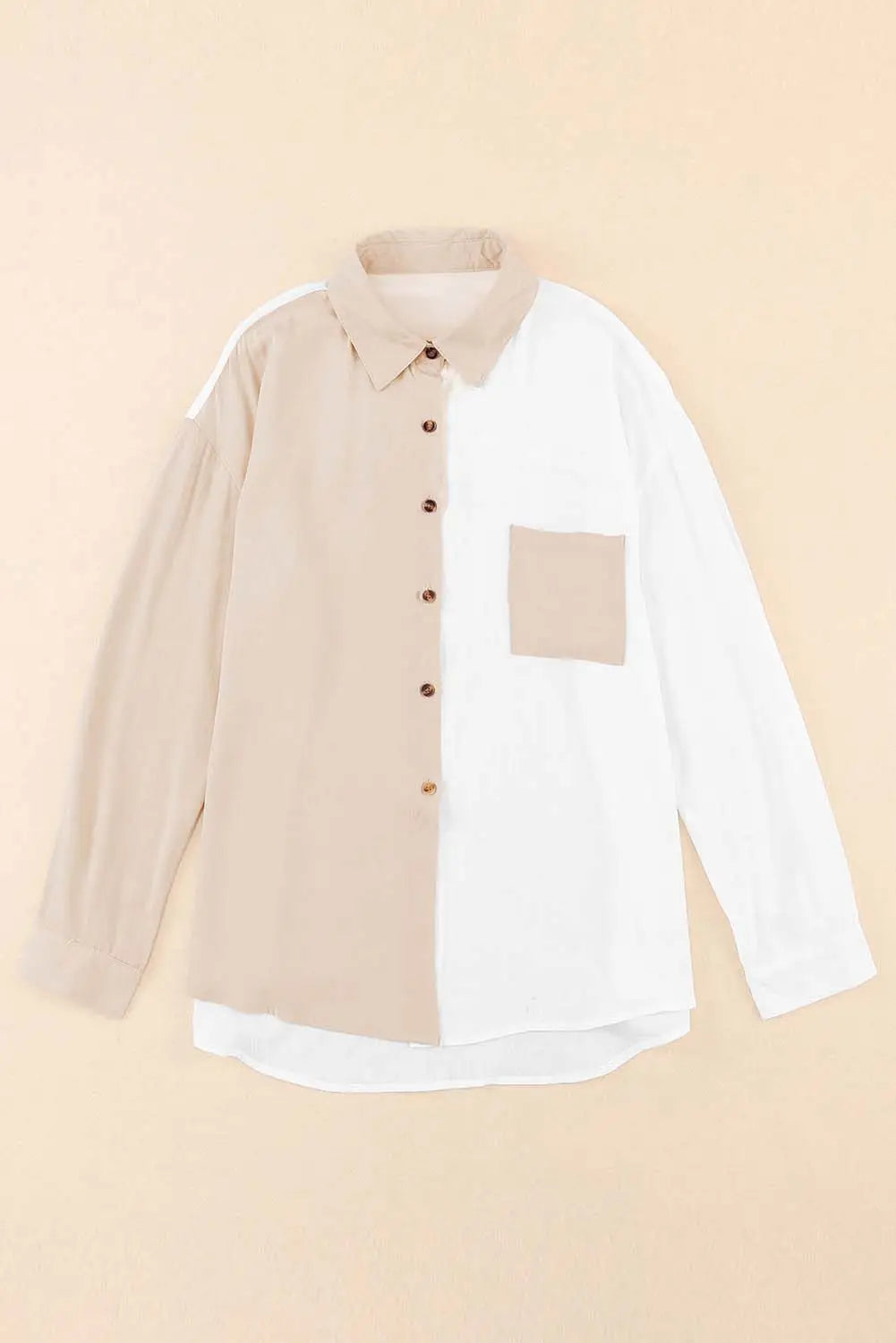 Khaki Colorblock Buttons Shirt-Collar Long Sleeve Pocket Blouse-5
