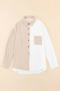 Thumbnail for Khaki Colorblock Buttons Shirt-Collar Long Sleeve Pocket Blouse-5