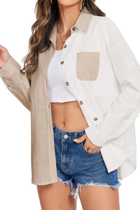 Thumbnail for Khaki Colorblock Buttons Shirt-Collar Long Sleeve Pocket Blouse-2