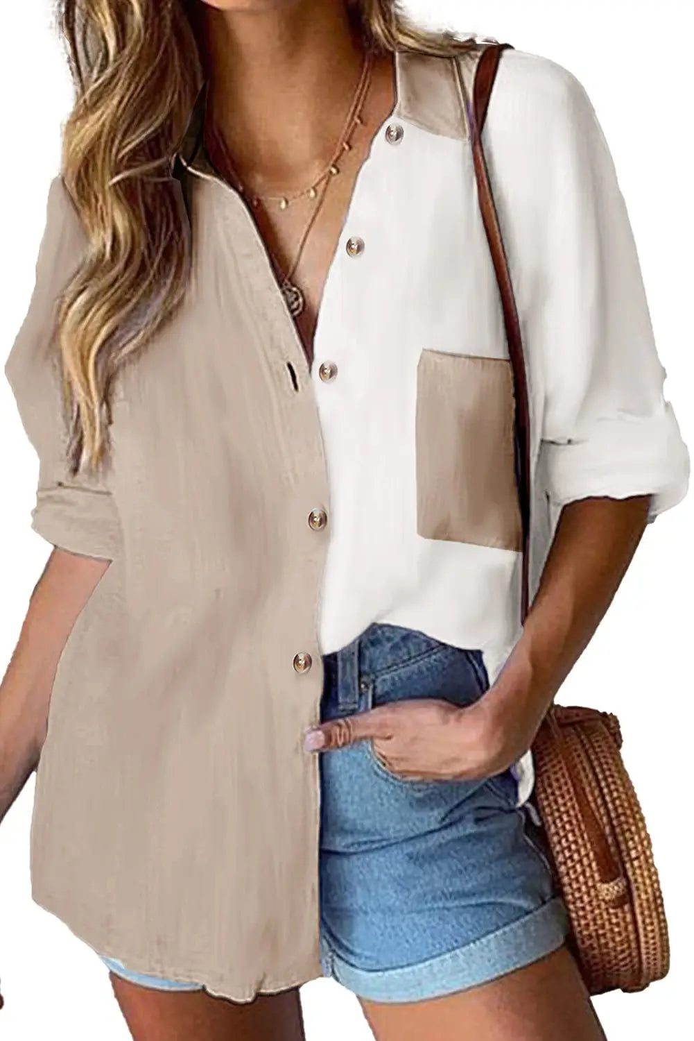 Khaki Colorblock Buttons Shirt-Collar Long Sleeve Pocket Blouse-4