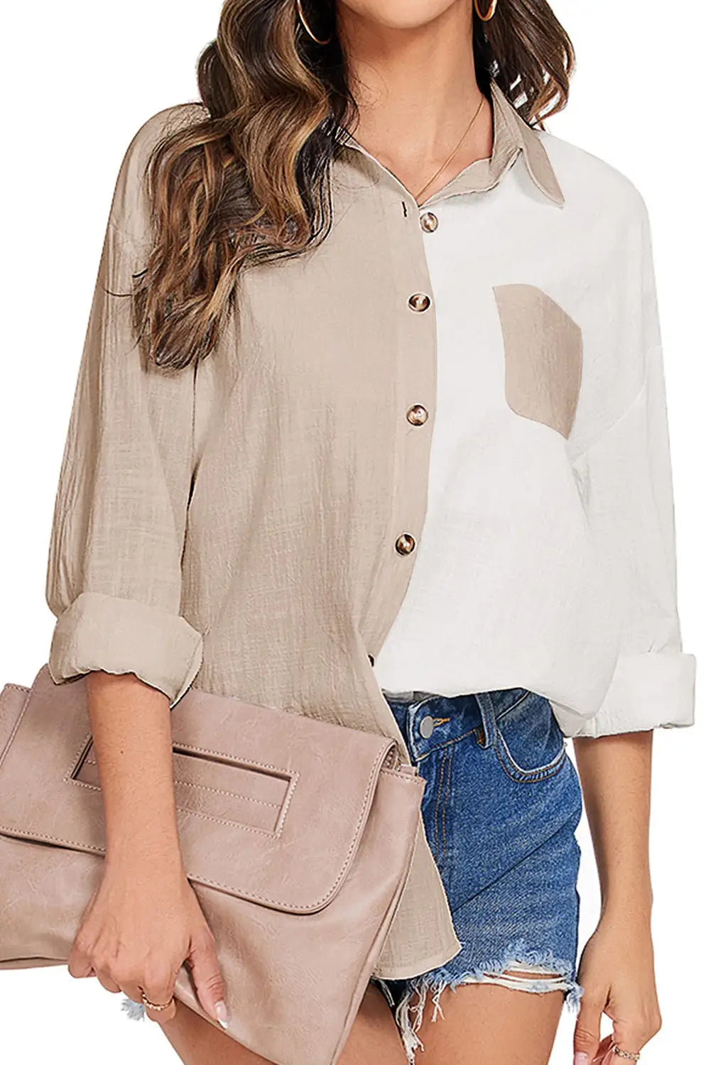 Khaki Colorblock Buttons Shirt-Collar Long Sleeve Pocket Blouse-3