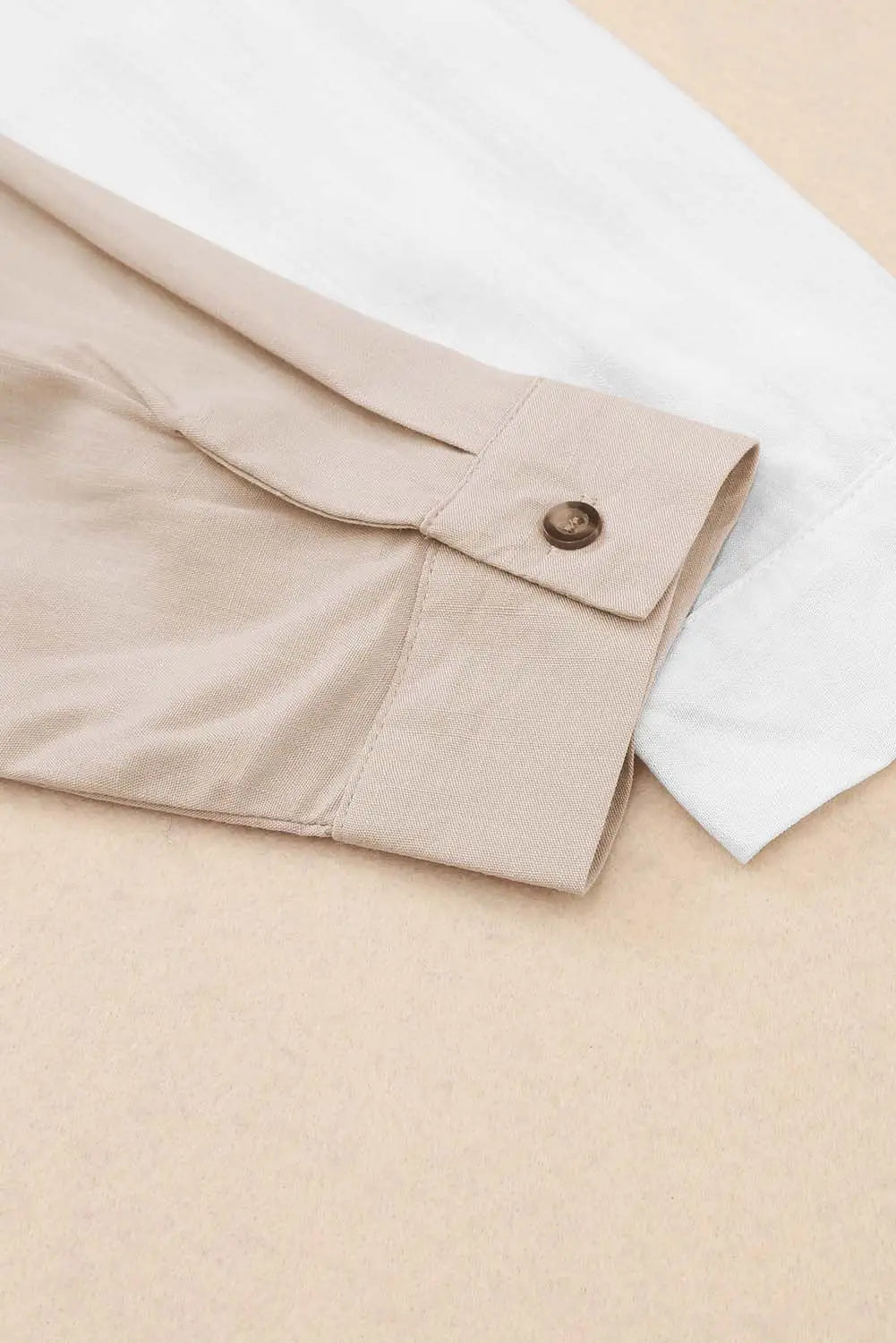 Khaki Colorblock Buttons Shirt-Collar Long Sleeve Pocket Blouse-9