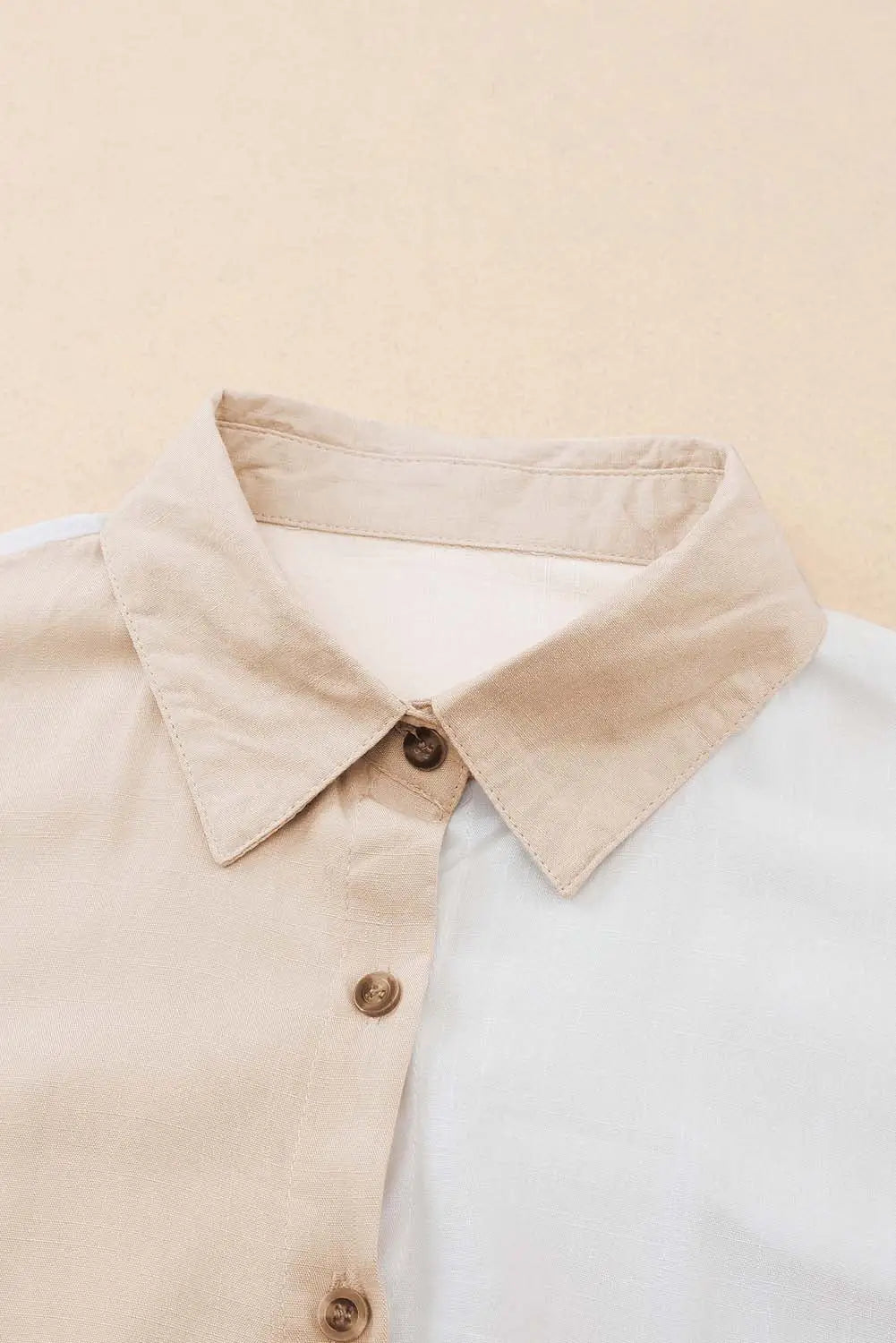 Khaki Colorblock Buttons Shirt-Collar Long Sleeve Pocket Blouse-7