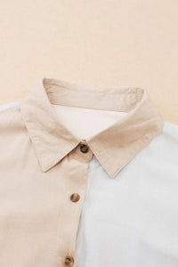 Thumbnail for Khaki Colorblock Buttons Shirt-Collar Long Sleeve Pocket Blouse-7