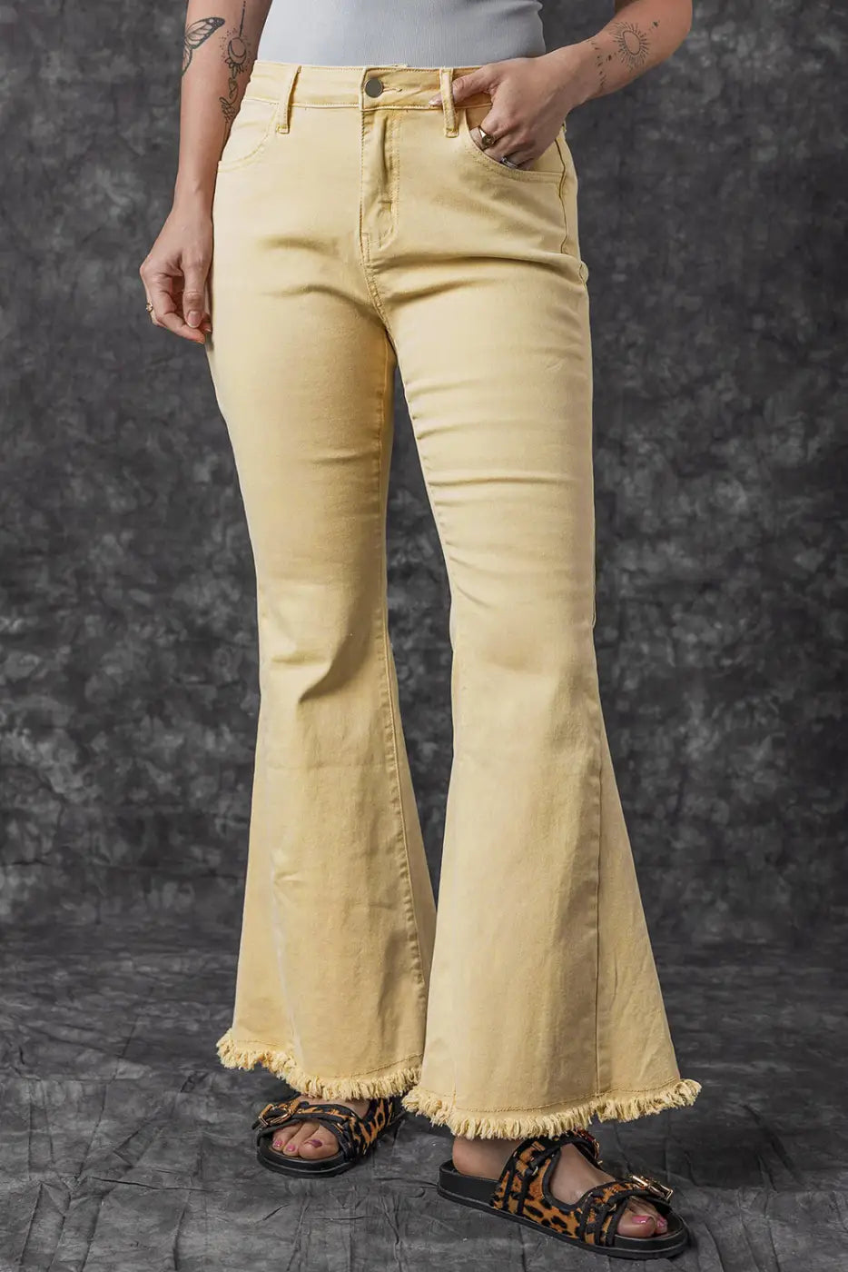 Khaki Raw Edge Mid Waist Flared Jeans-4