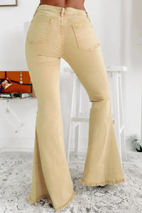 Thumbnail for Khaki Raw Edge Mid Waist Flared Jeans-2