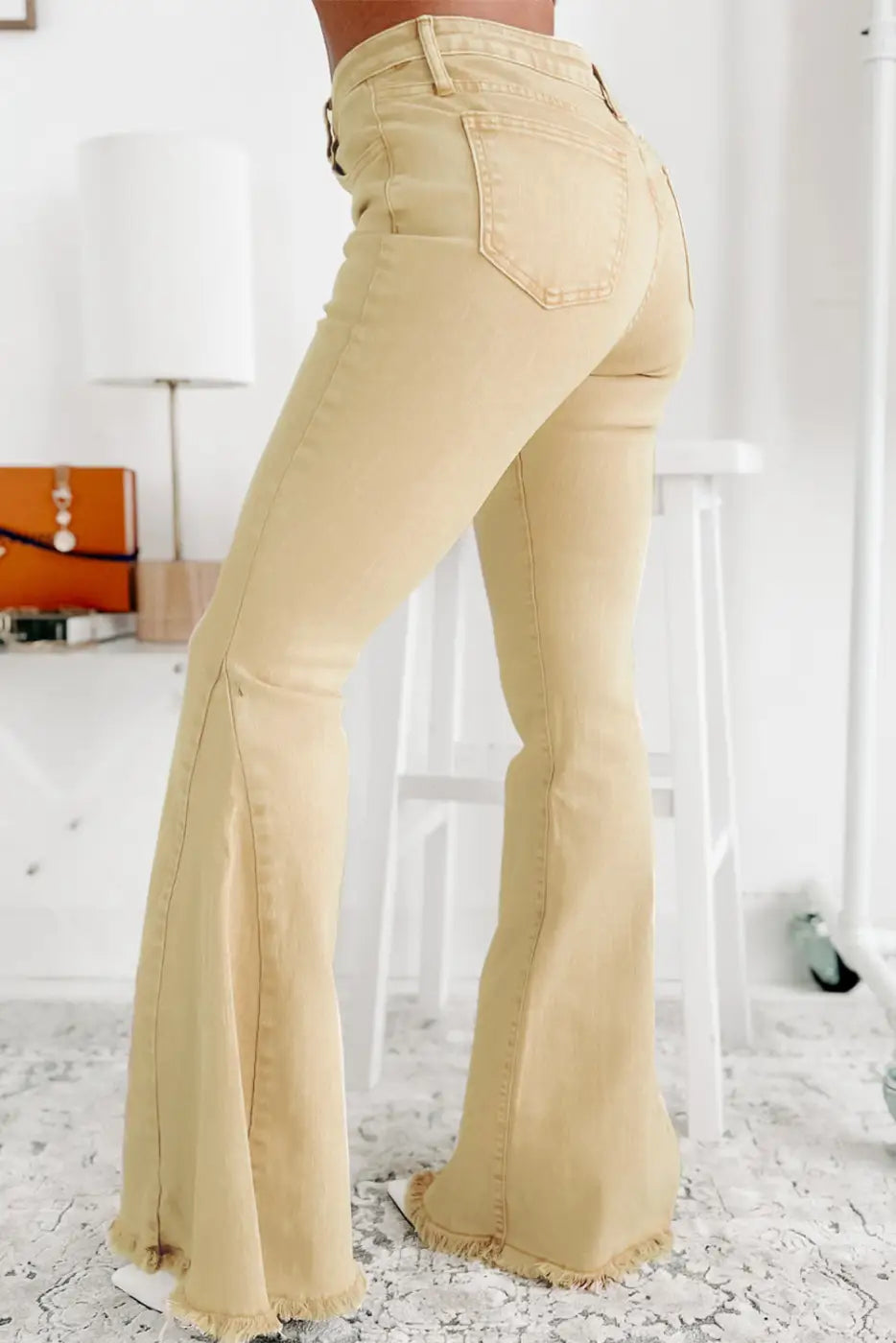 Khaki Raw Edge Mid Waist Flared Jeans-1